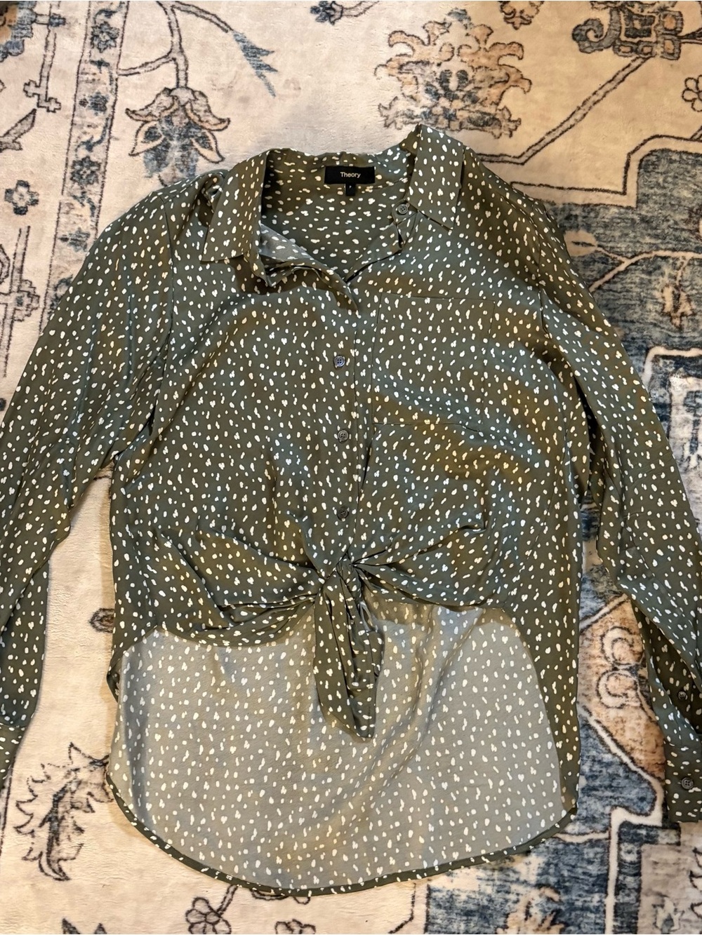Theory Olive Green Button-Front Tie Blouse with White Dot Print